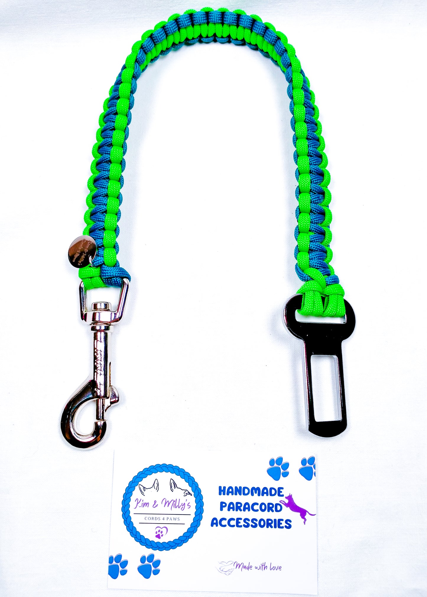 Pre Made: Car Restraint, 40cm, Neon Green, Teal Kim & Milly's Cords 4 Paws Paracord Handmade Dog Accessories Customizable Made in Germany Shipping worldwide