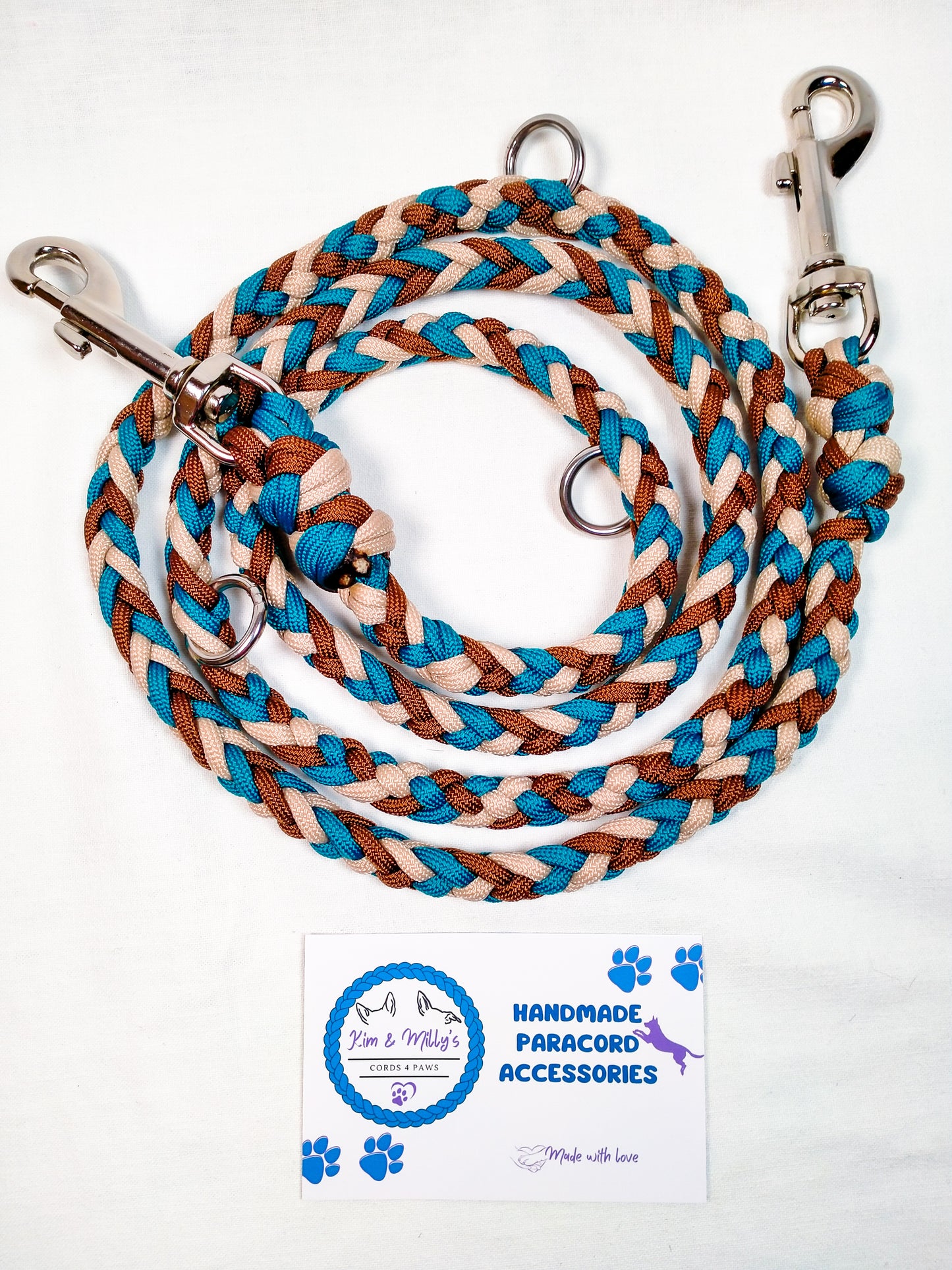 Pre Made: adjustable 6 Strand Half Round Braid Lead, Teal, Chocolate Brown, Tan, 1.25m Kim & Milly's Cords 4 Paws Paracord Handmade Dog Accessories Customizable Made in Germany Shipping worldwide