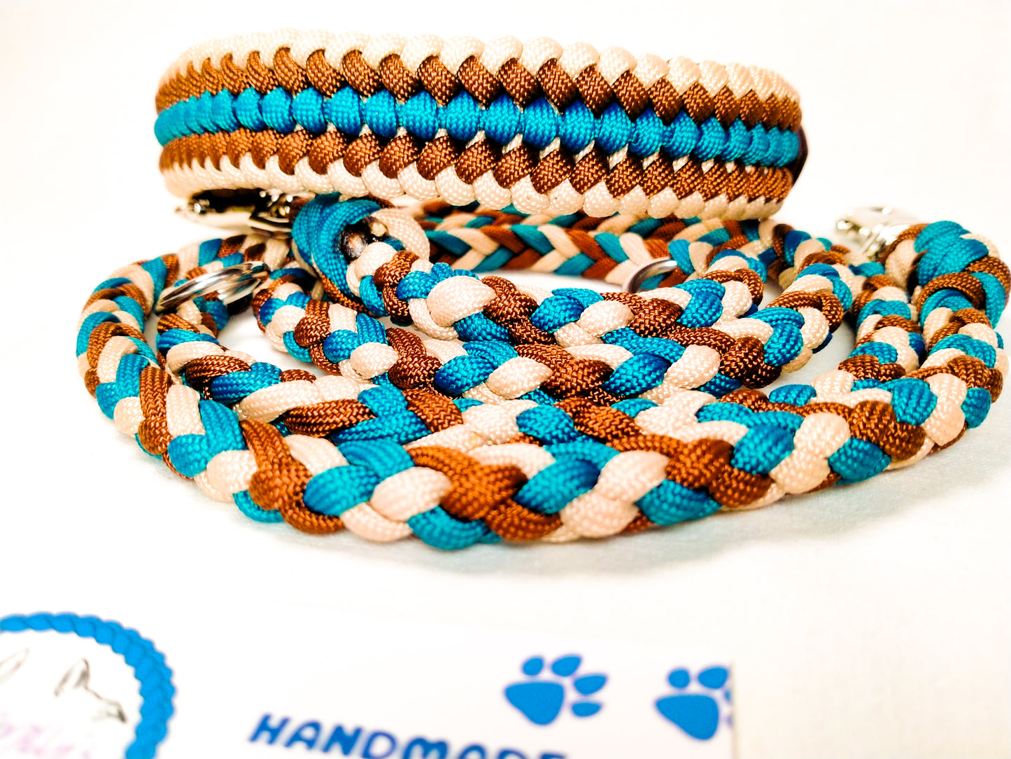 Pre Made: adjustable 6 Strand Half Round Braid Lead, Teal, Chocolate Brown, Tan, 1.25m Kim & Milly's Cords 4 Paws Paracord Handmade Dog Accessories Customizable Made in Germany Shipping worldwide